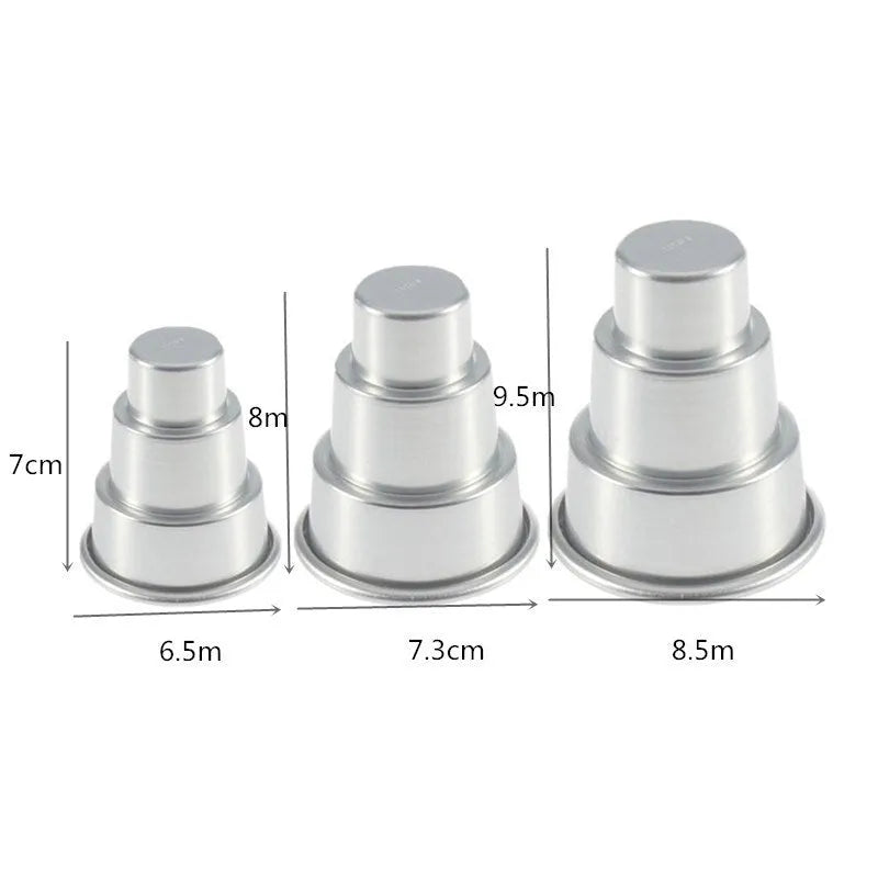 Silver aluminium alloy mini three-layer cake mould set showing large, medium, and small sizes.