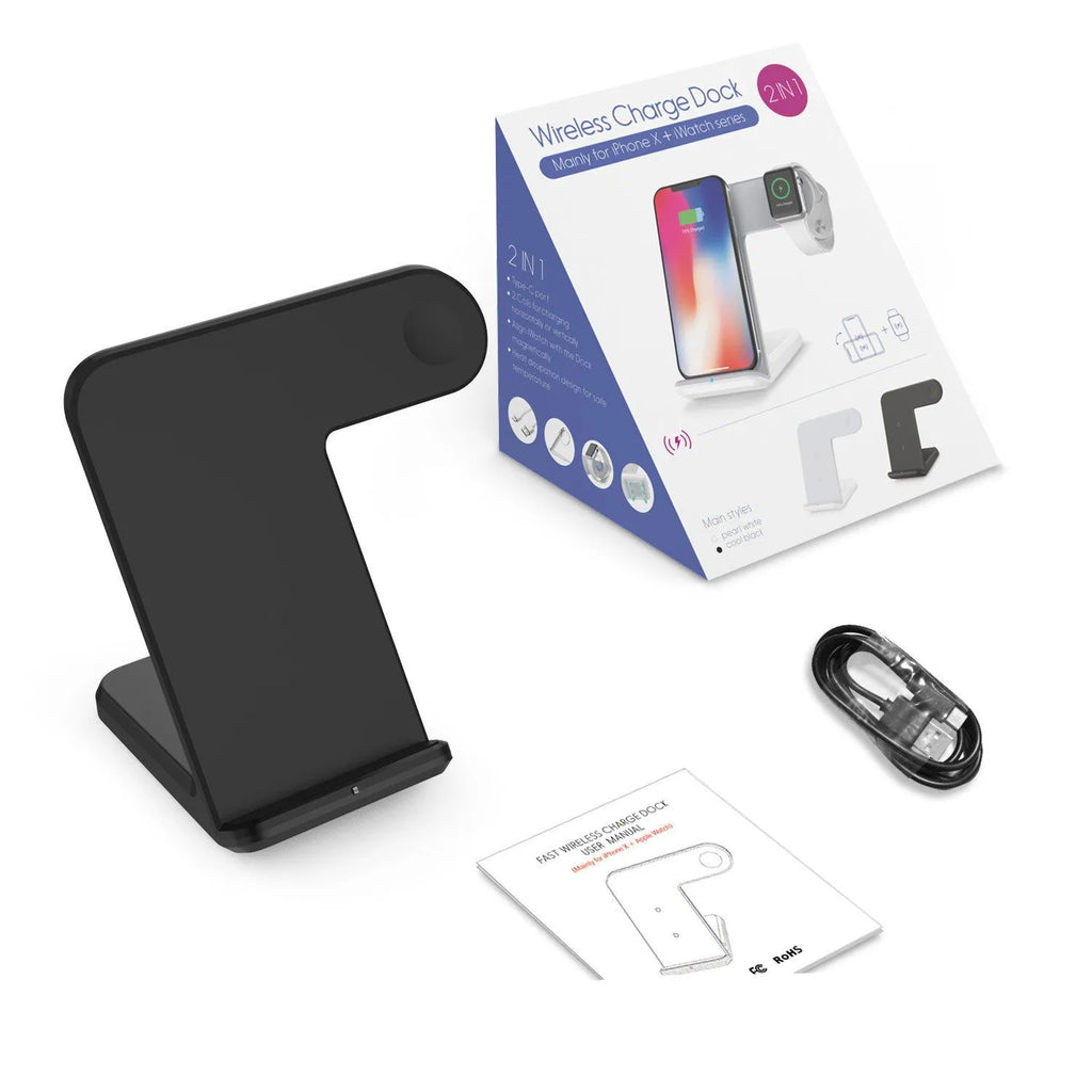 Black and white wireless phone charging pad on a desk with a Type-C cable