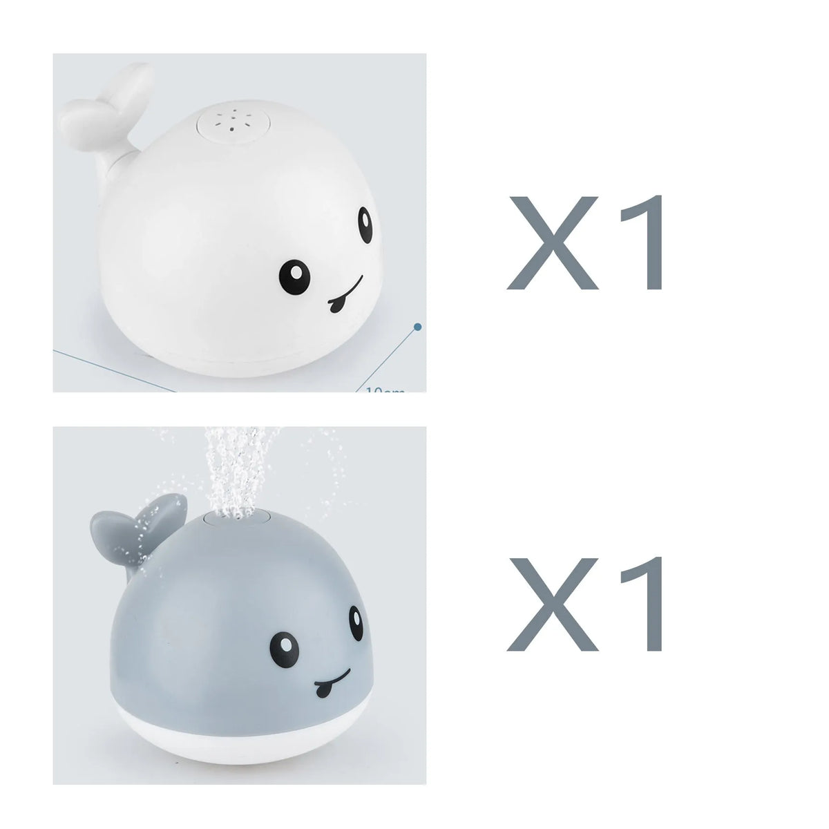 Whale-shaped electric bath toy spraying water with coloured LED lights, shown with base unit on blue background