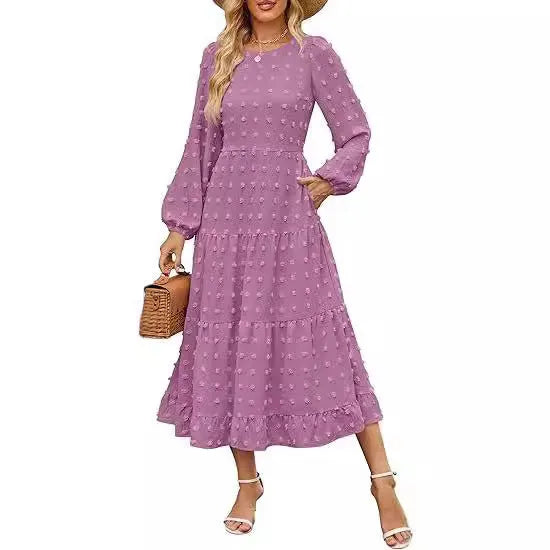 Women's beige polyester long sleeve dress with ruffle sleeves and high waist design