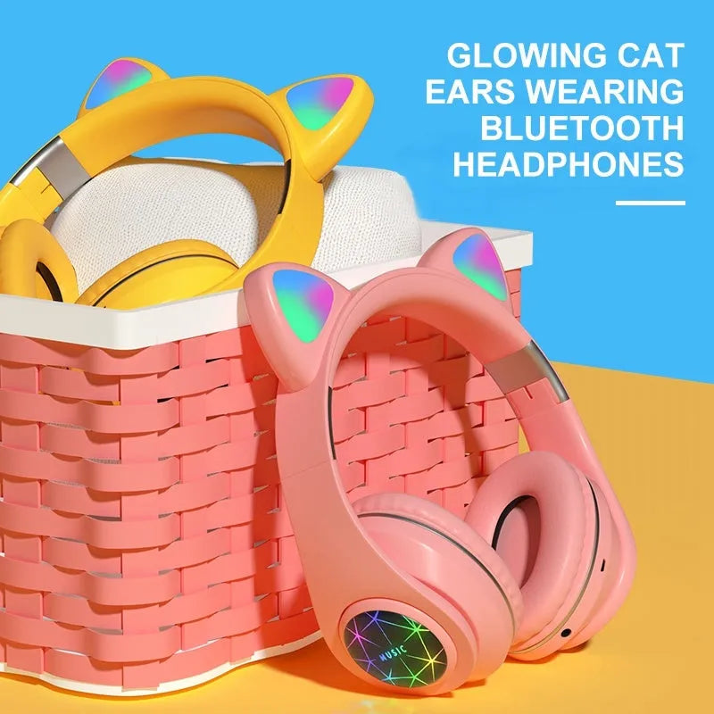 Cat ear style wireless Bluetooth sports headset in black, blue, green, pink, white, or yellow colour.