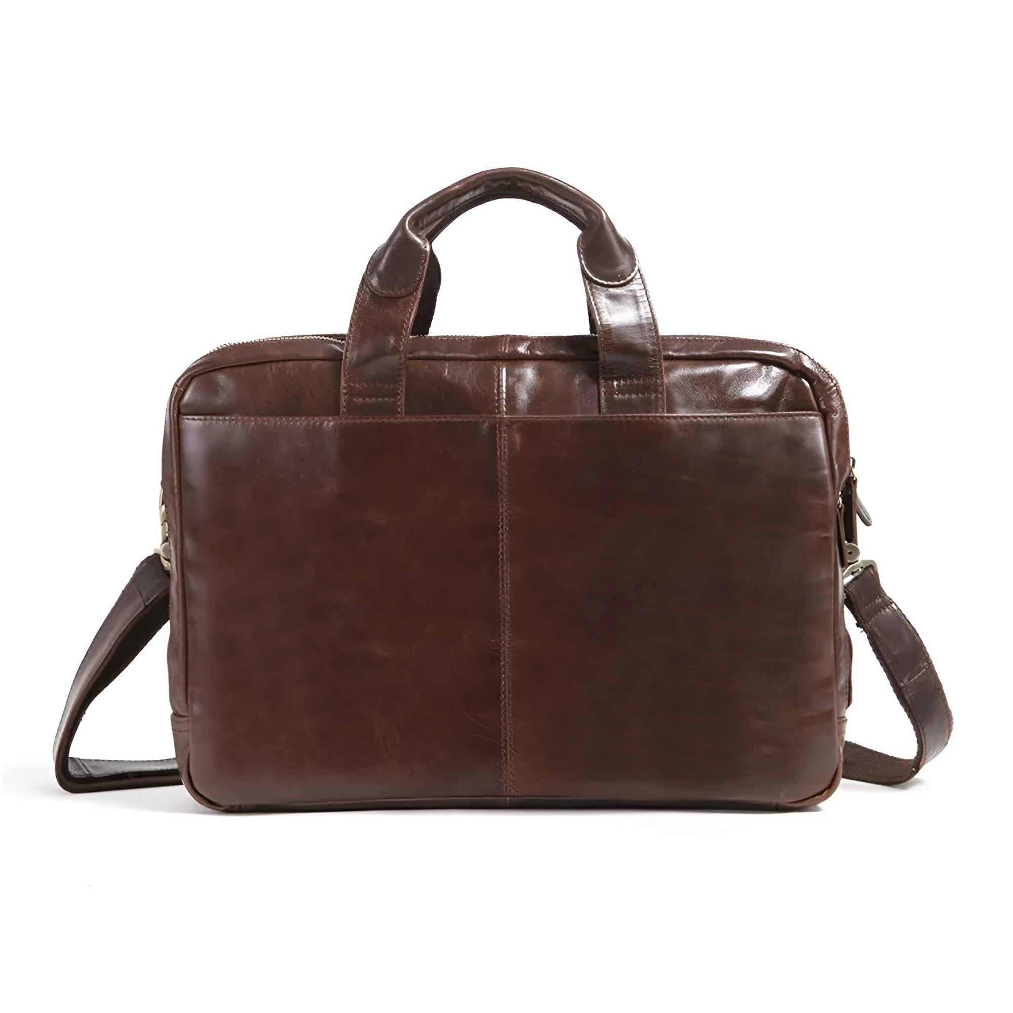Brown men's business briefcase made from first layer cowhide leather measuring 18 inches