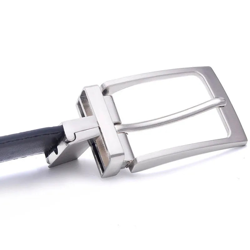 Men's brown and black genuine leather belt with rotating alloy pin buckle showing length adjustment