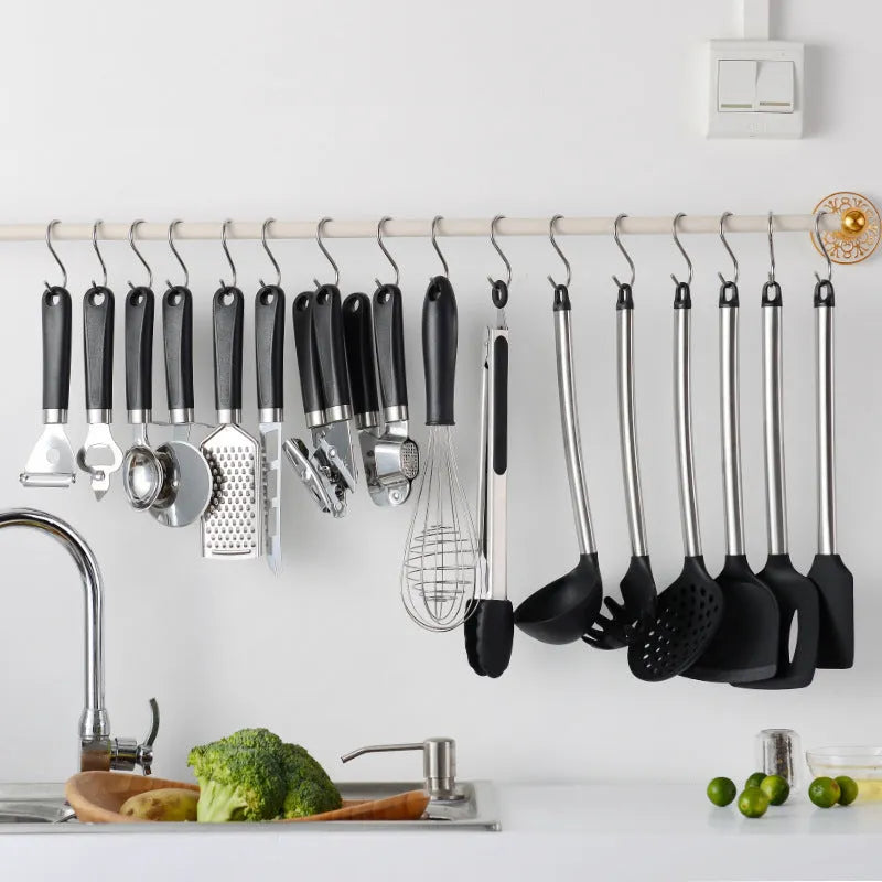 Black silicone kitchen utensil set with stainless steel handles comprising 16 pieces for cooking and baking