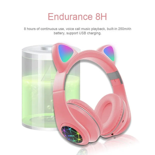 Cat ear style wireless Bluetooth sports headset in black, blue, green, pink, white, or yellow colour.