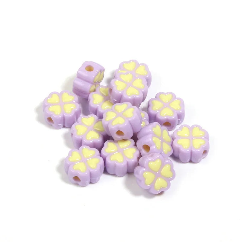 15mm acrylic clover beads with cartoon love pattern and frosted finish in mixed colours