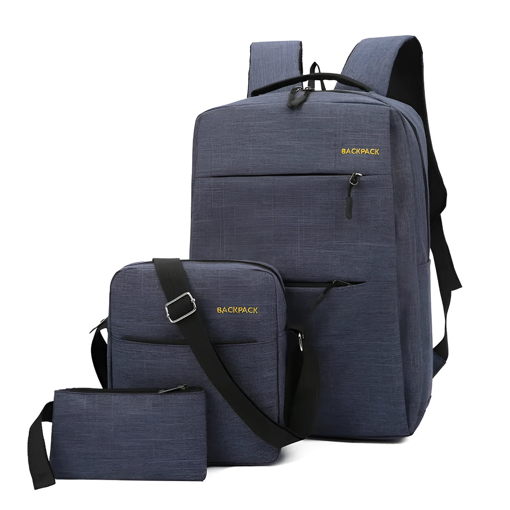 Set of three men's casual nylon laptop backpacks with USB charging port in black, grey, navy, and wine red colours.