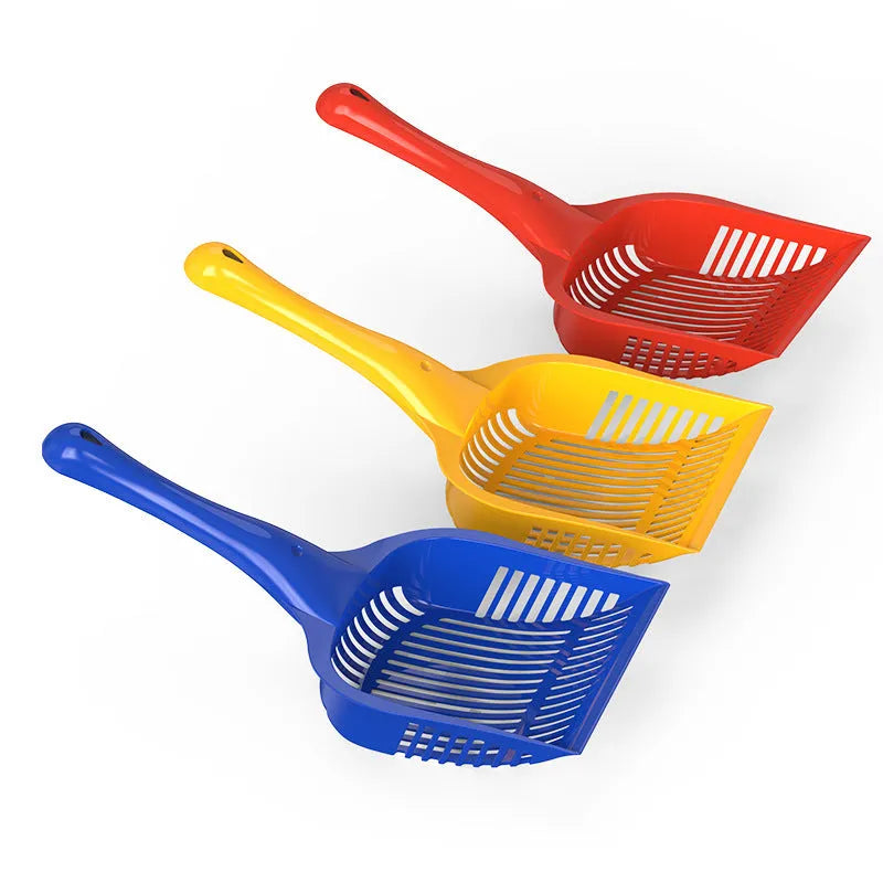 Plastic cat litter scoop in red, yellow and blue colours showing small and medium size options