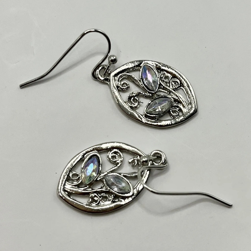 Silver leaf-shaped earrings with embedded colourful moonstone stones for women