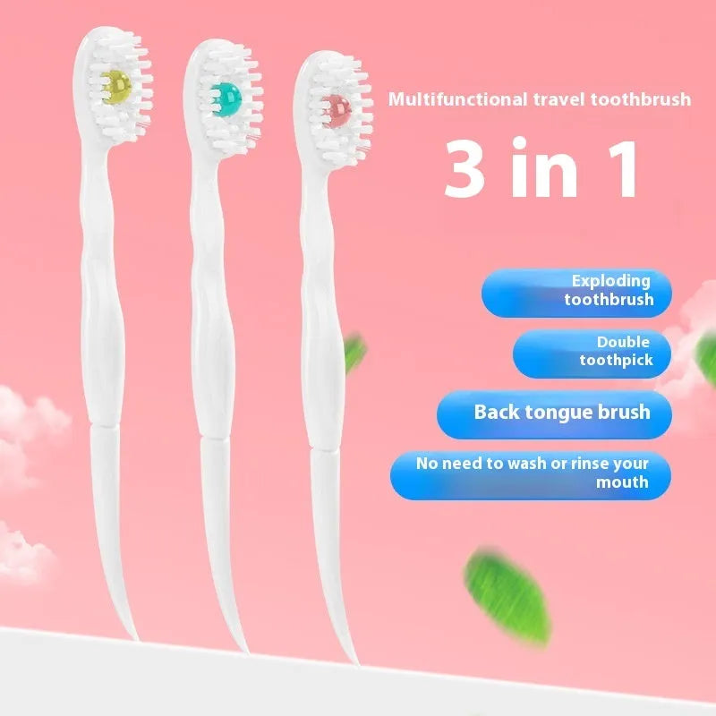 Box of 20 Bead disposable toothbrushes with integrated toothpaste in mint, peach, and plum green tea flavours.