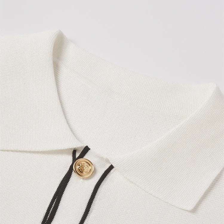 White short sleeve cardigan with contrast colour lapels in old money style