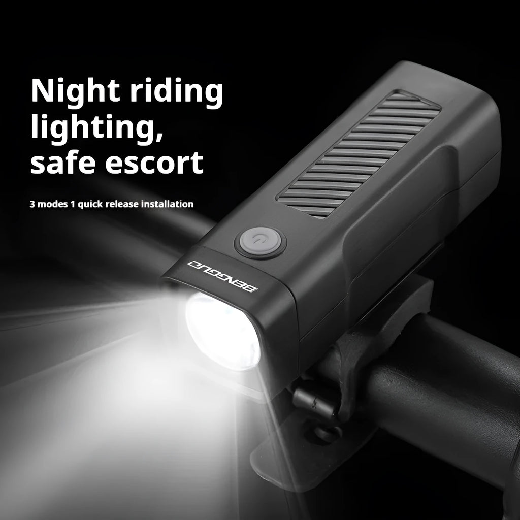 USB rechargeable bicycle headlight with LED lighting and quick release strap bracket