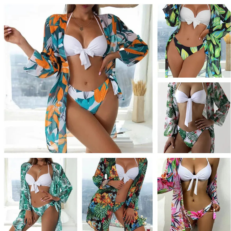 Women's three-piece mesh split bikini swimsuit set with quick-drying polyester lining