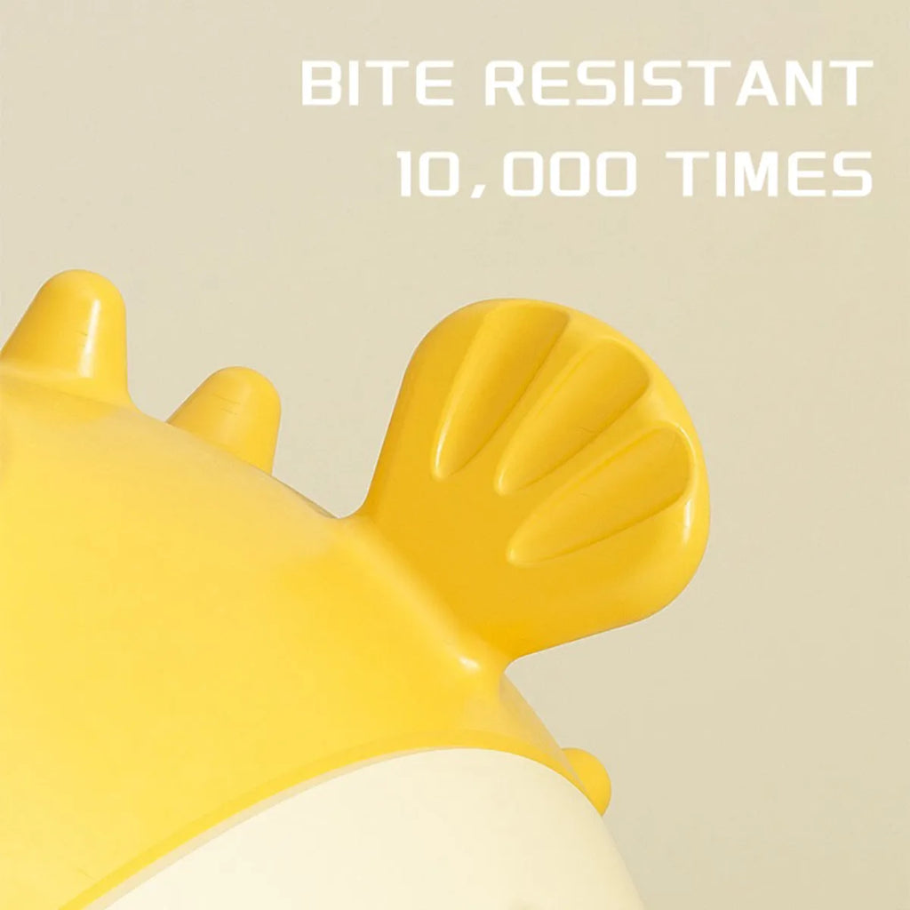 Yellow fish-shaped durable vinyl dog chew toy with textured surface for dental care.