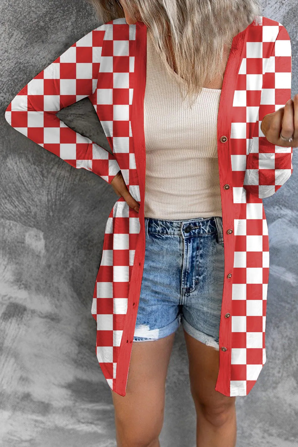 Women's long grey plaid cardigan coat with loose knit and regular sleeves, laid flat.
