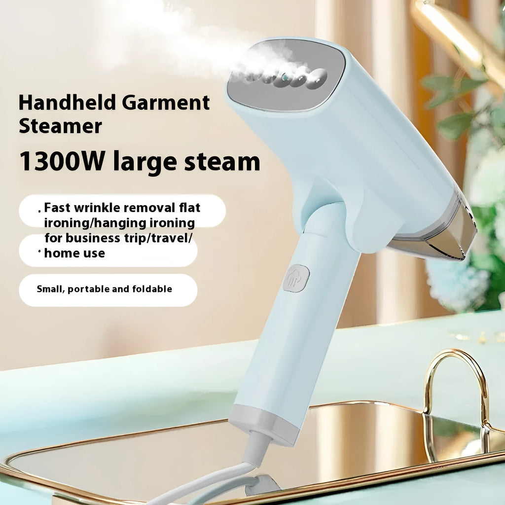 Handheld garment steamer in blue colour showing compact design with water tank