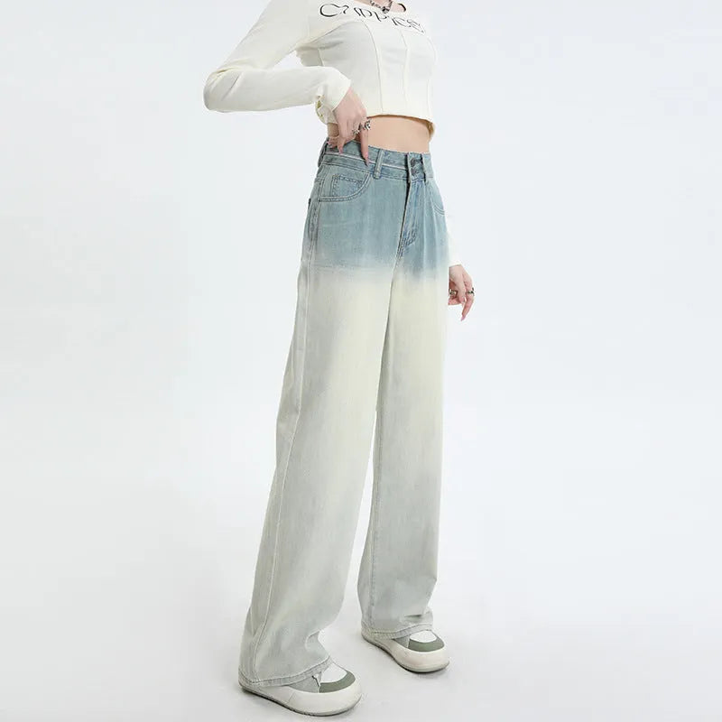 Women's straight-leg denim trousers in a gradient blue colour with a wide leg fit.