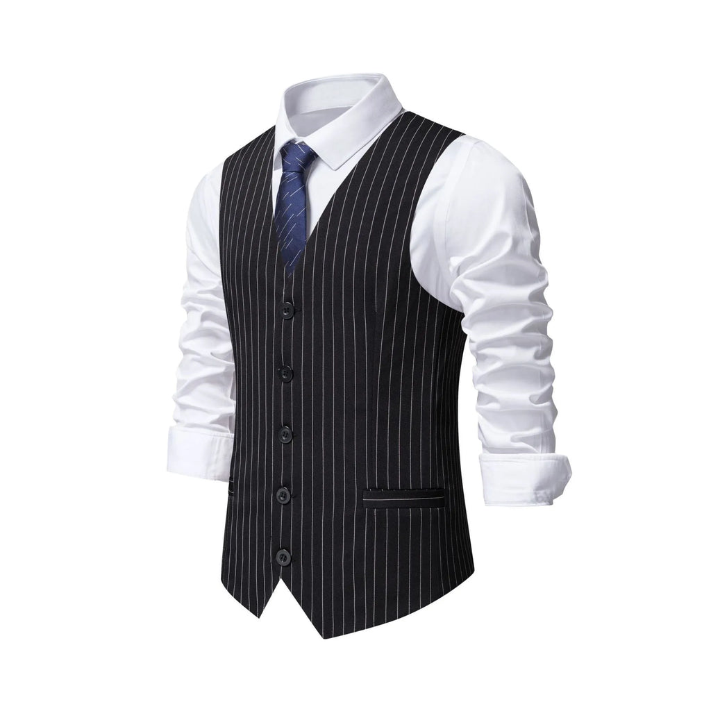 Men's striped suit vest in polyester with non-ironing finish and miter bottom hem.