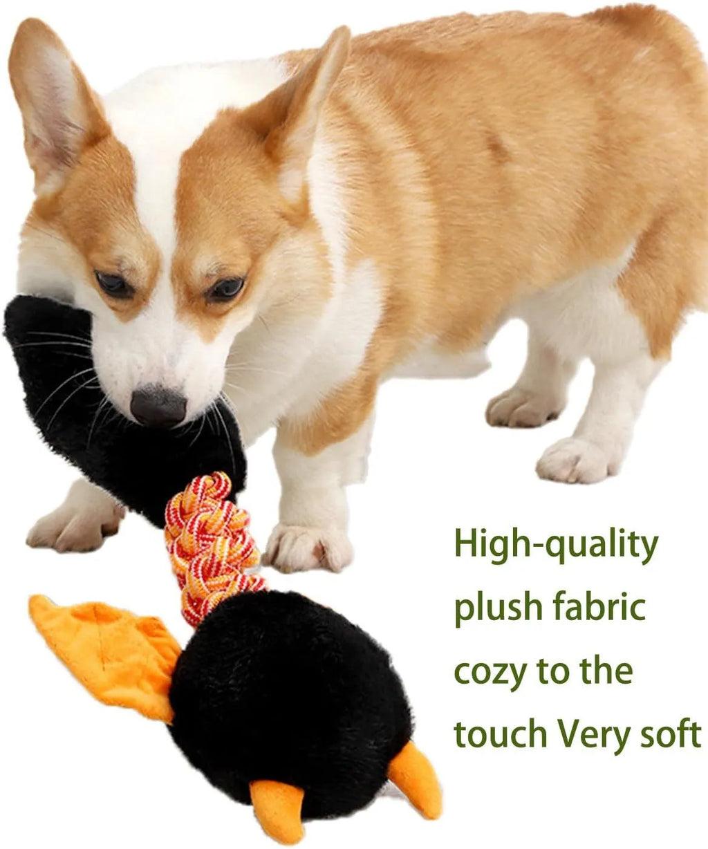 Large black plush dog toy with cartoon face, rope knot, and squeaker for big dogs.