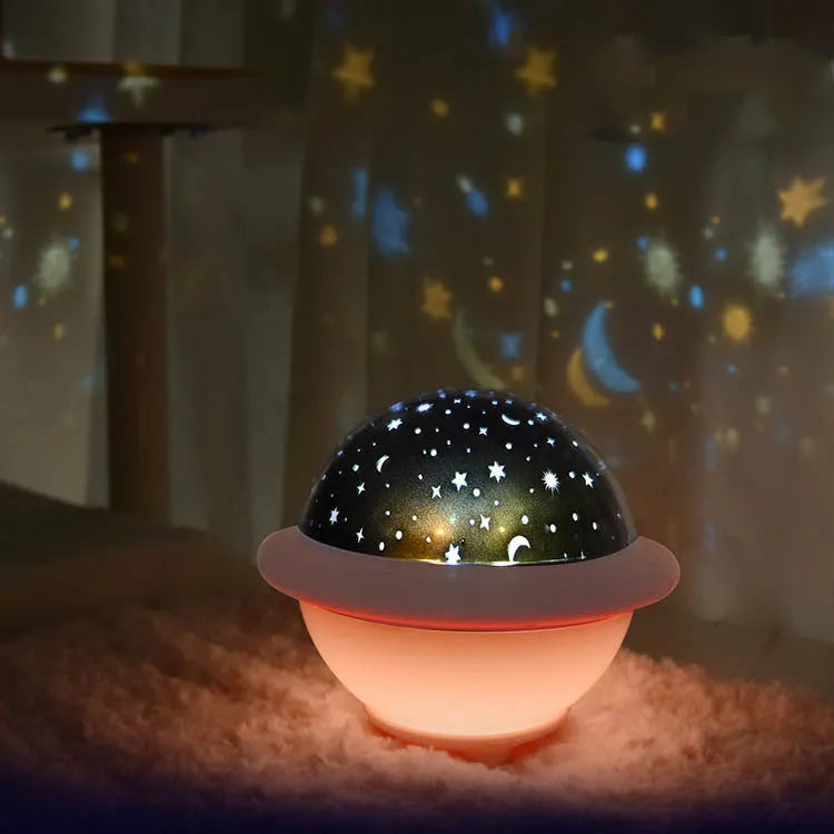 UFO-shaped starry sky projection night light in pink, white or green colour with plastic construction