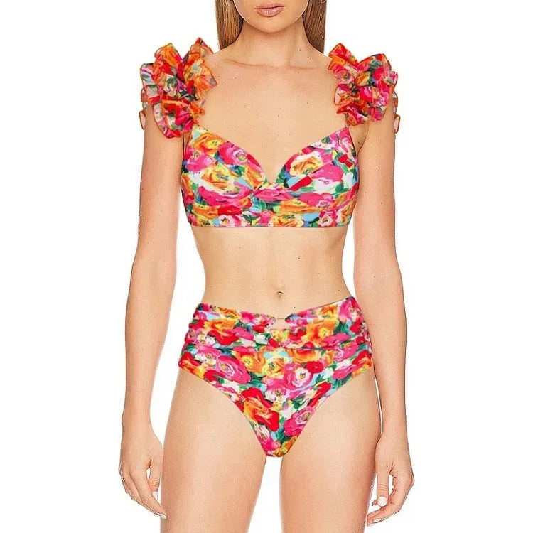 Women's floral print push up bikini high waist swimsuit two piece set