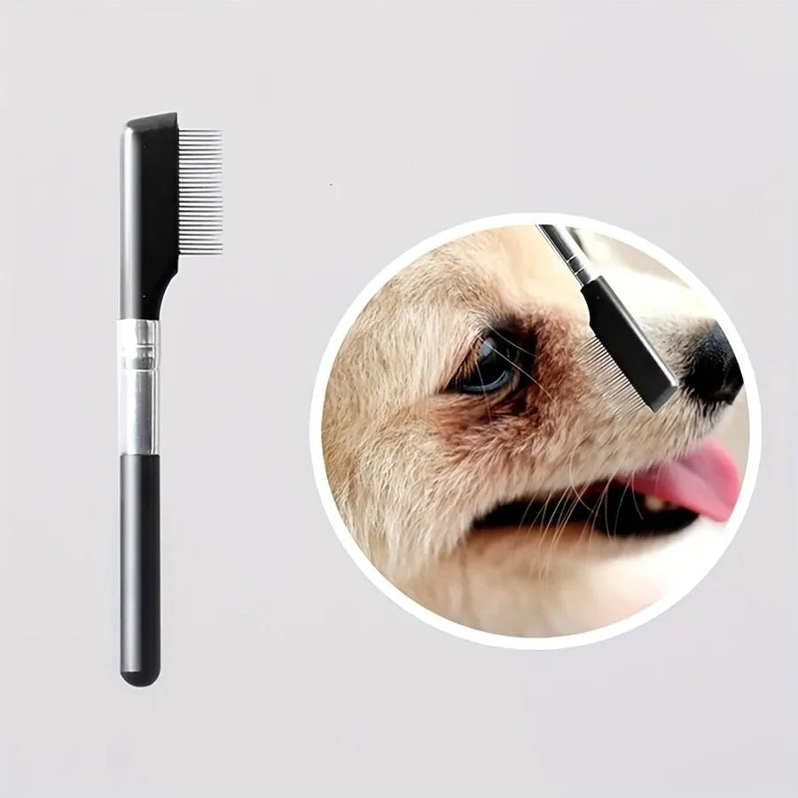 Black dual-head pet grooming brush with soft bristles and a comb, featuring an ambidextrous handle.