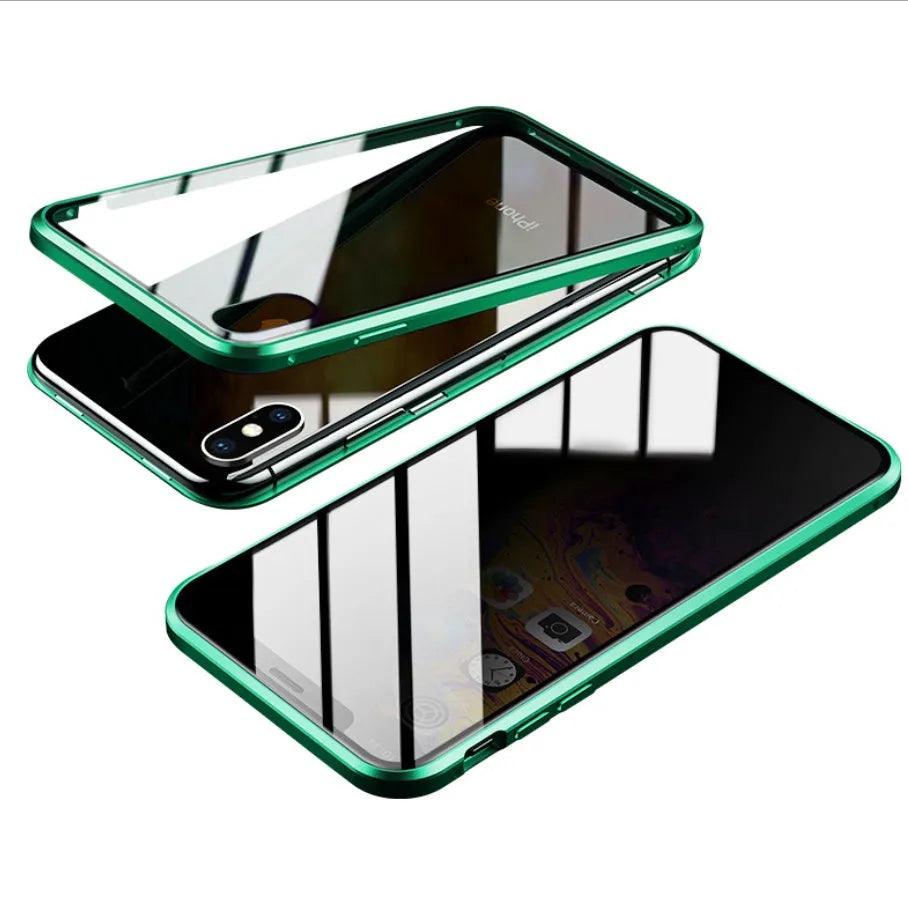 Glass anti-spy clamshell phone case for iPhone in black, blue, gold, green, red, or silver.