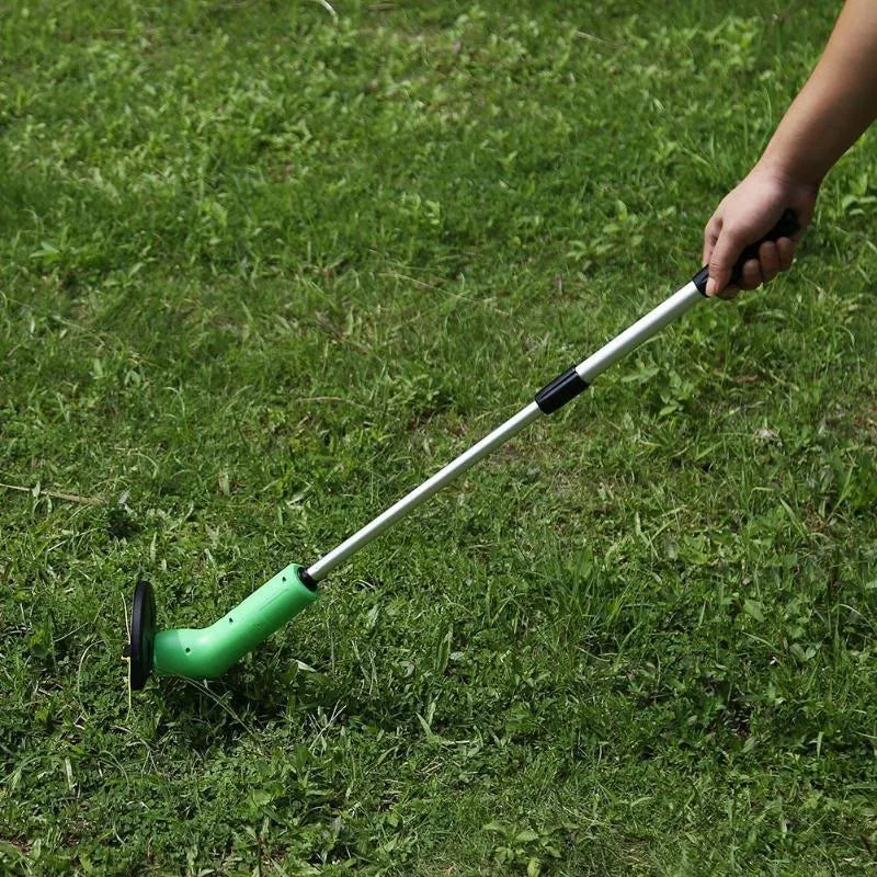 Cordless lawn trimmer with extension pole and protective shield for garden maintenance