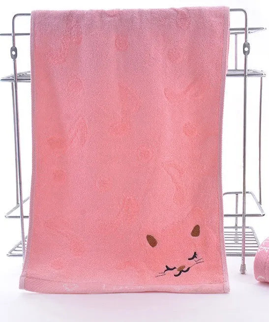 Bamboo fibre and cotton kitten face towel, 25 x 50 cm, shown in blue, green, pink or yellow
