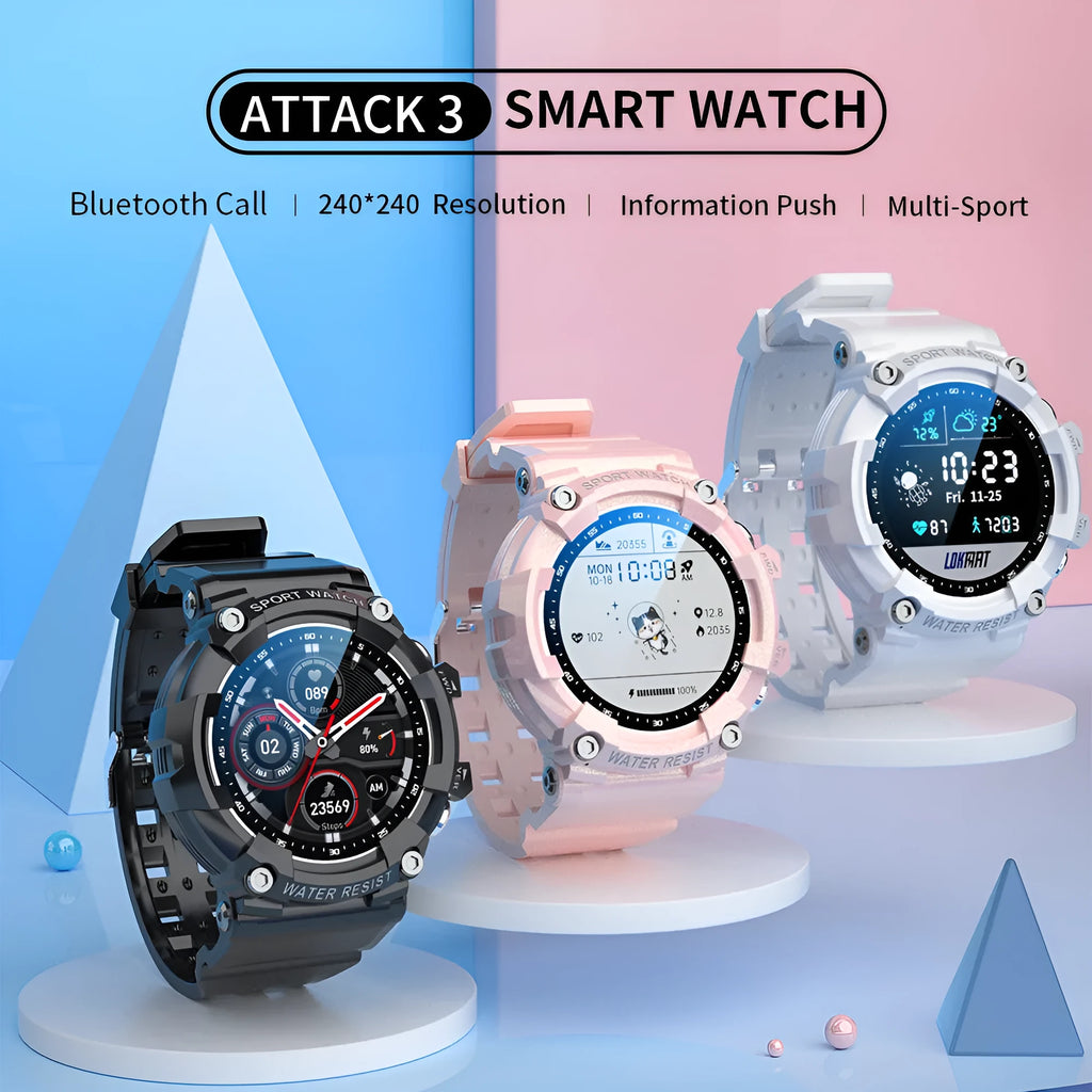ATTACK 3 IP67 waterproof smartwatch in black, pink, or white with circular 1.28 inch display and TPU strap