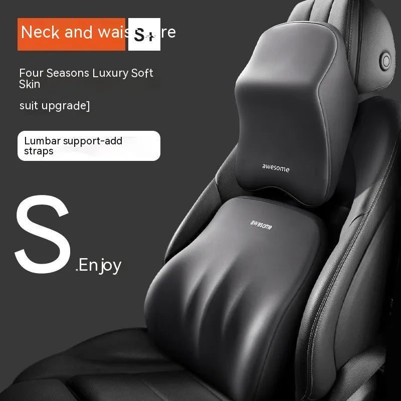 Car headrest pillow and lumbar support pillow set in memory foam, shown in sky blue colour.