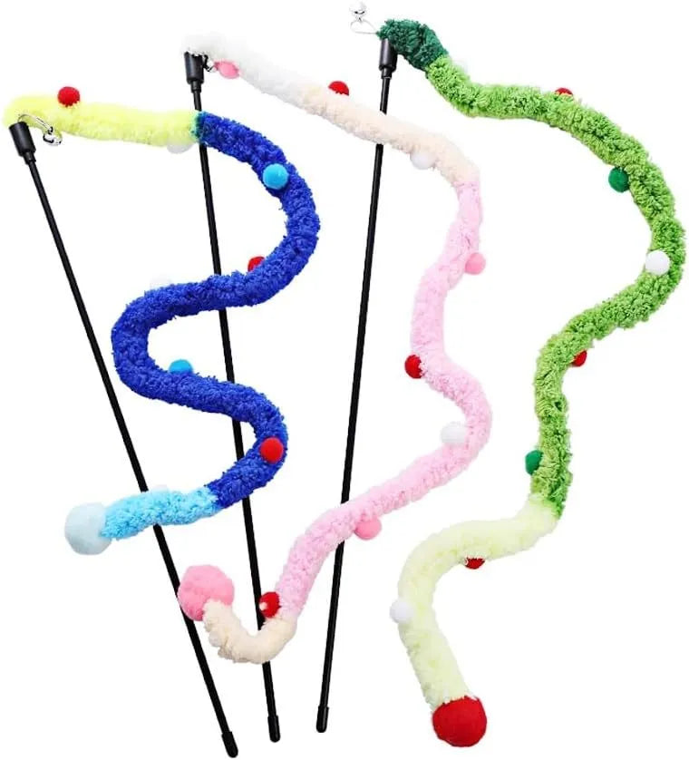 Interactive cat wand toy with blue plush strip, fluffy ball, and bells on a 41cm pole