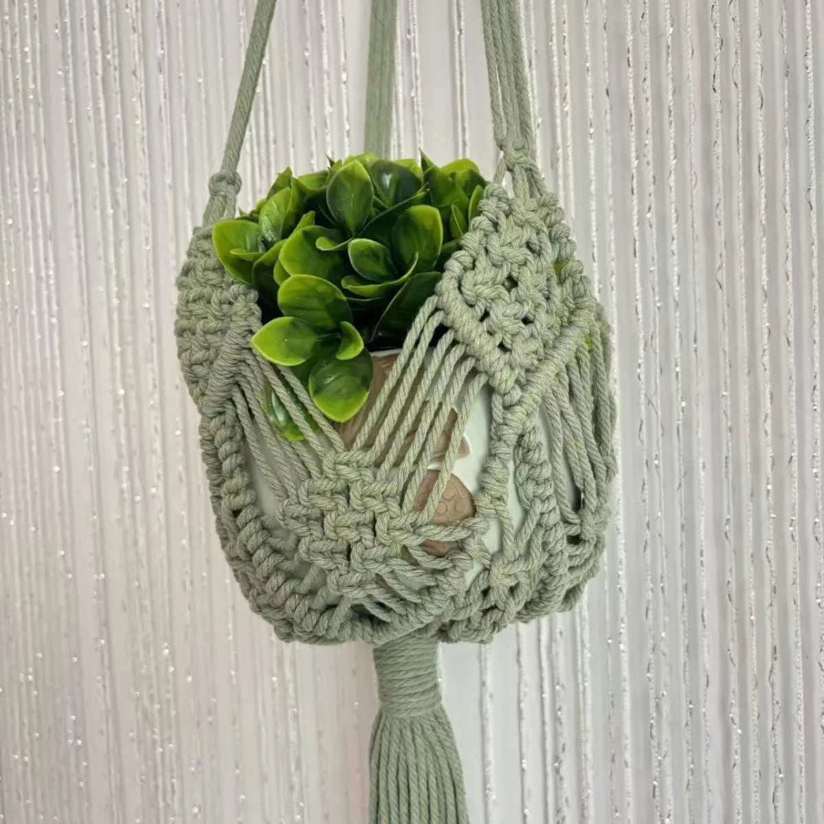 Hand-woven polyester cotton flower pot with net pocket design in brown colour