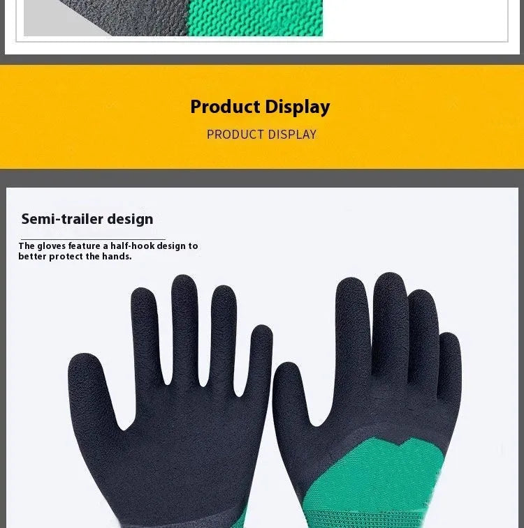 Black and green rubber work gloves shown flat, size M with a length of 22-24cm