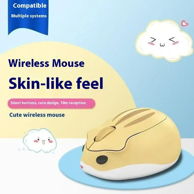 Hamster wireless mute mouse in grey, pink, and yellow colours showing compact design