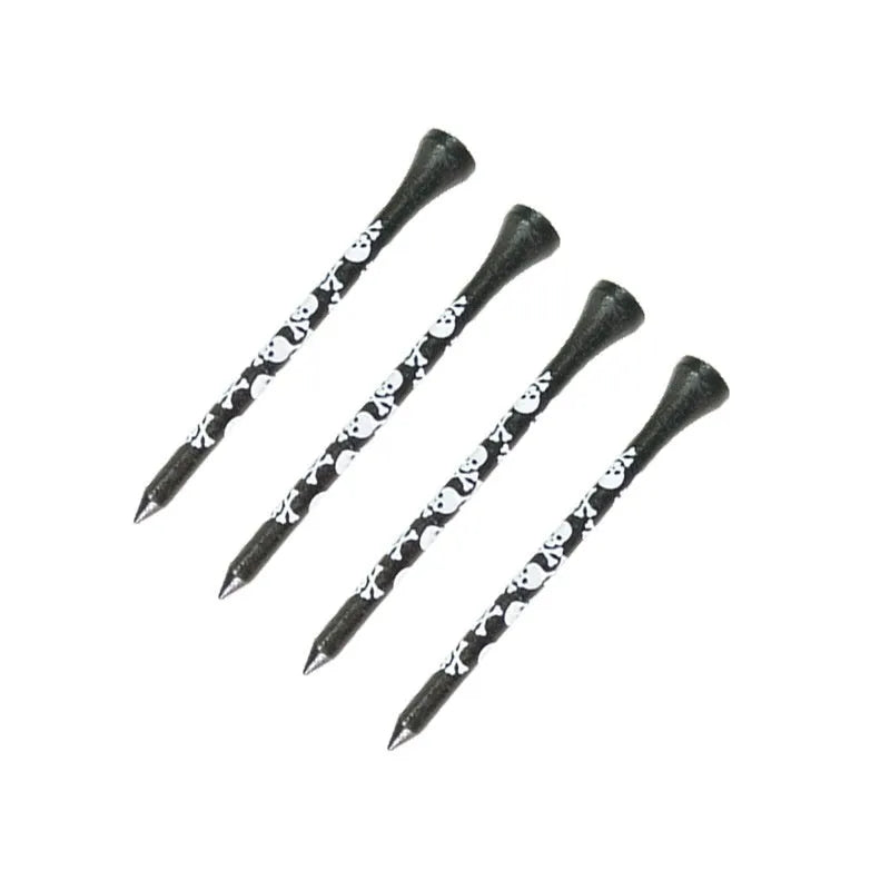 Ten bamboo golf spike dowel pins with black skull print, showing 70mm and 83mm length options.