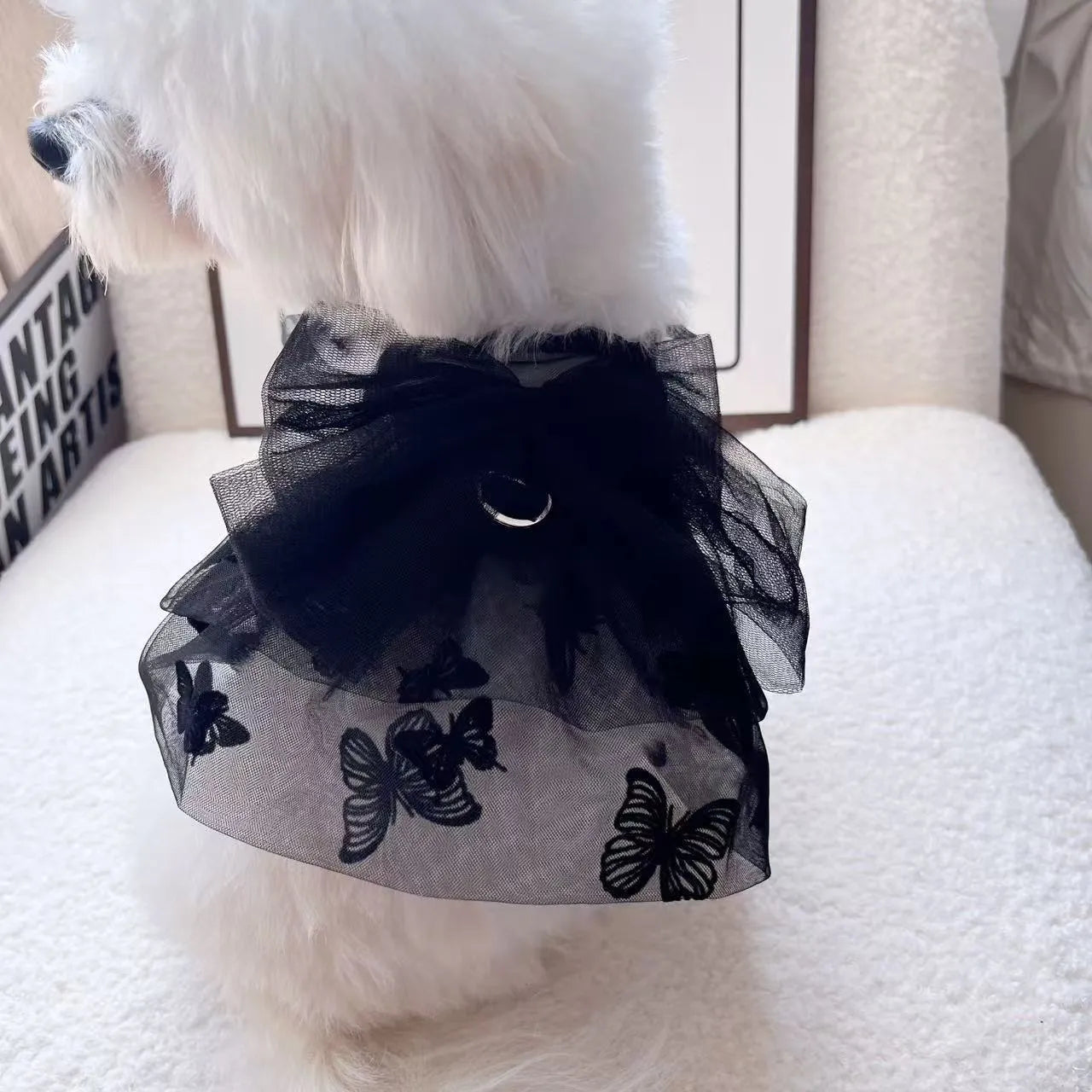 Black princess tulle skirt pet clothing for small dogs and cats showing five size options