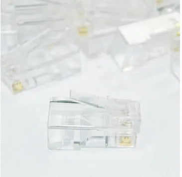White RJ45 network modular plug with gold-plated three-fork contacts and all-copper inserts