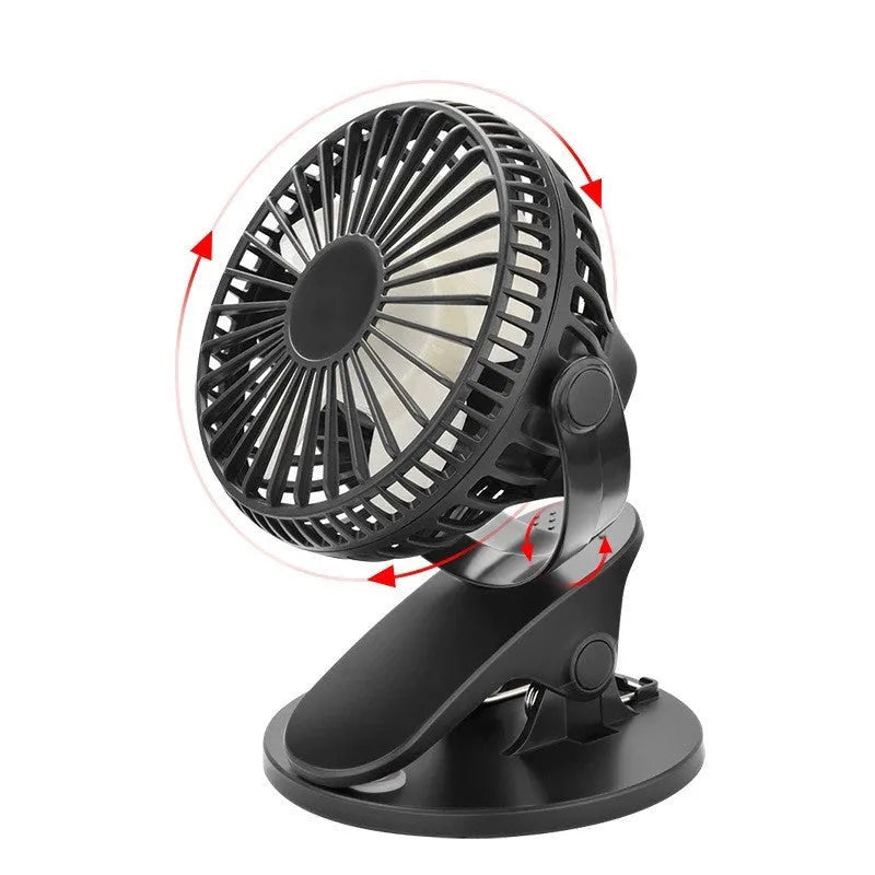 Small white USB rechargeable clip fan with brushless motor attached to a desk edge.