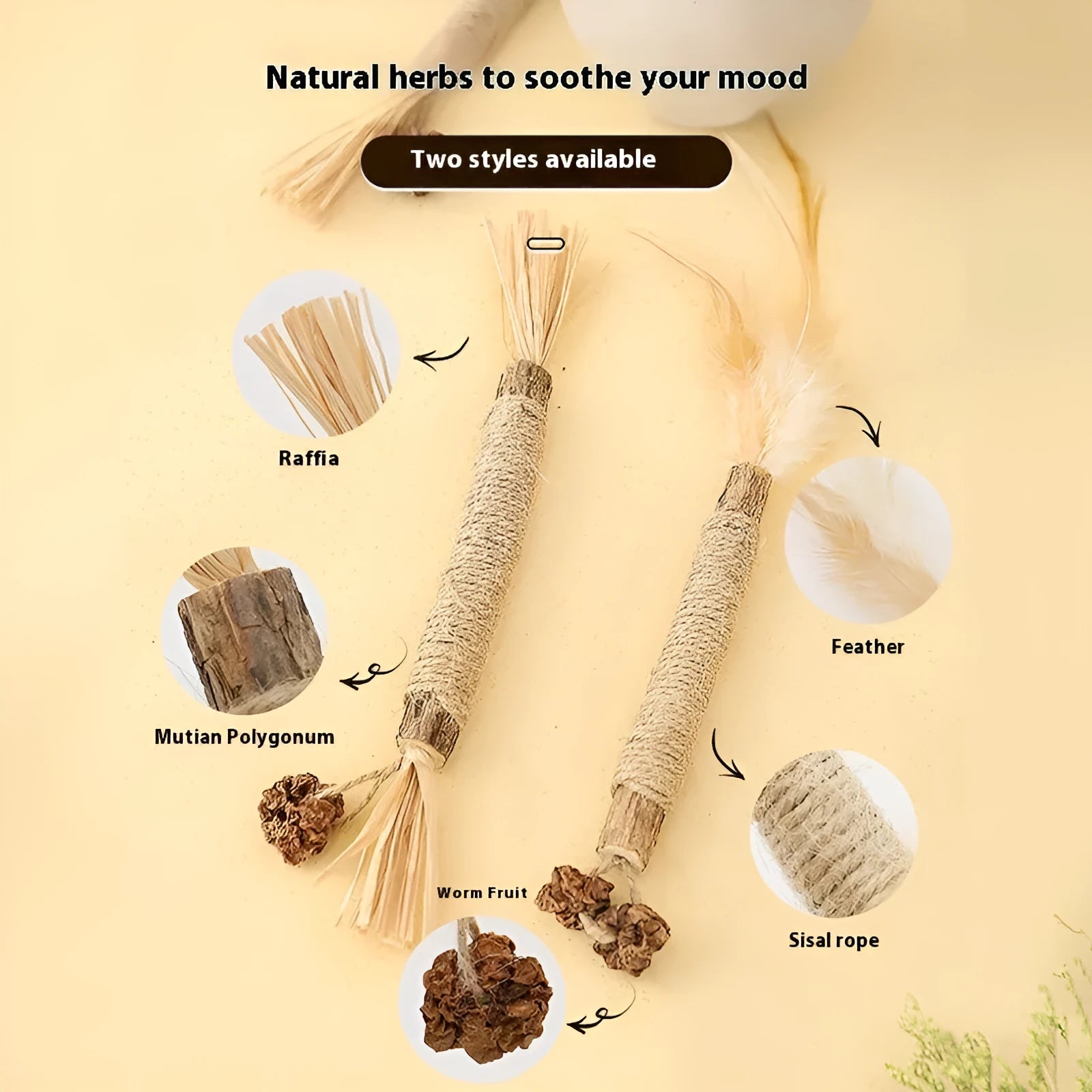Wooden cat teeth grinding rod toy showing its 2.2cm thickness, with examples of the Lafite grass and chicken feather style variants.
