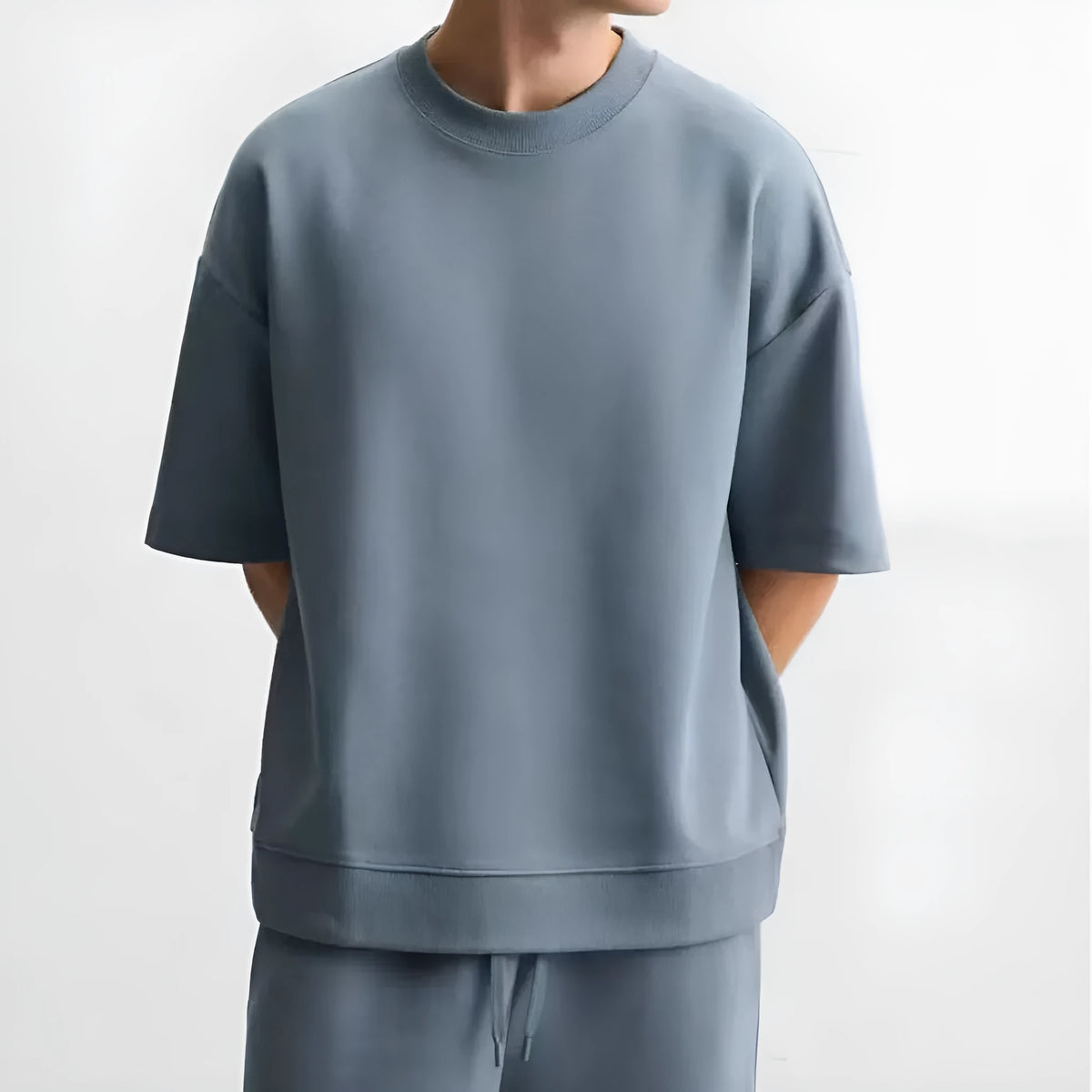 Loose short sleeve top and matching shorts set in double-sided texture polyester fabric