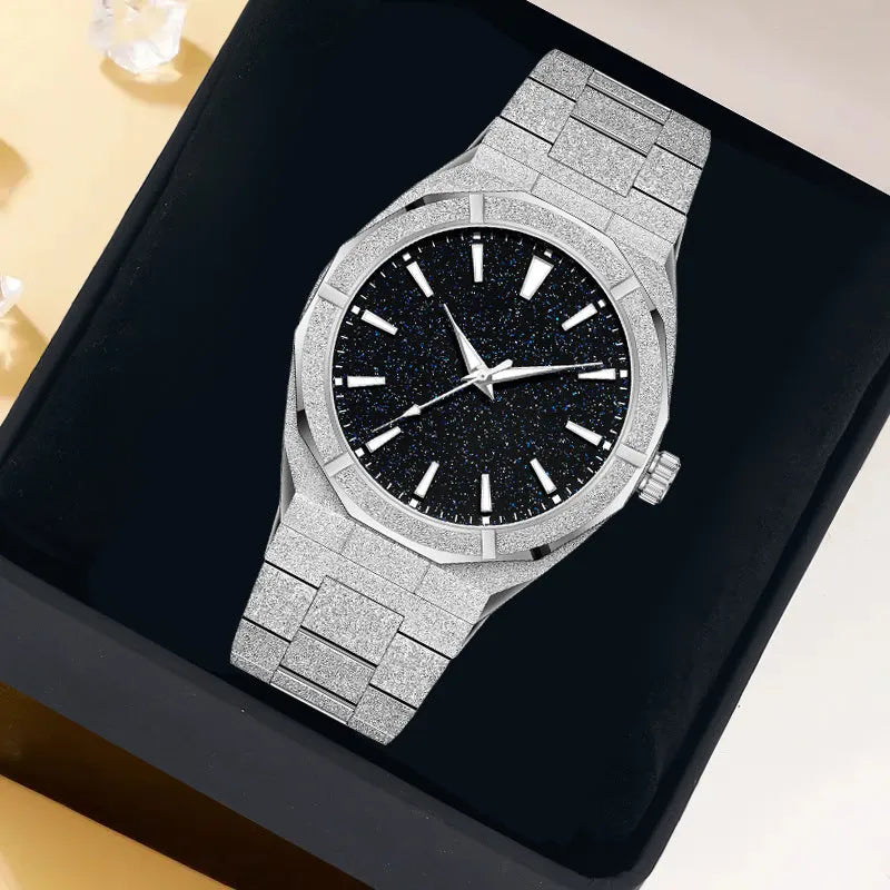 Men's business watch with luminous markers on frosted stainless steel case