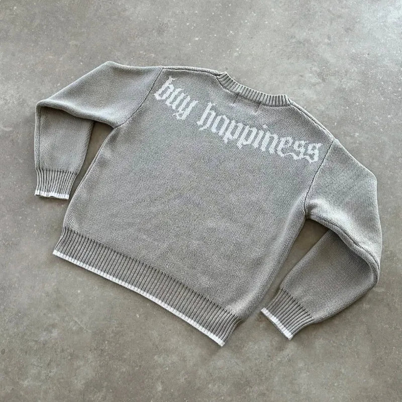 Grey loose-fitting jacquard knitwear coat with long sleeves for autumn winter