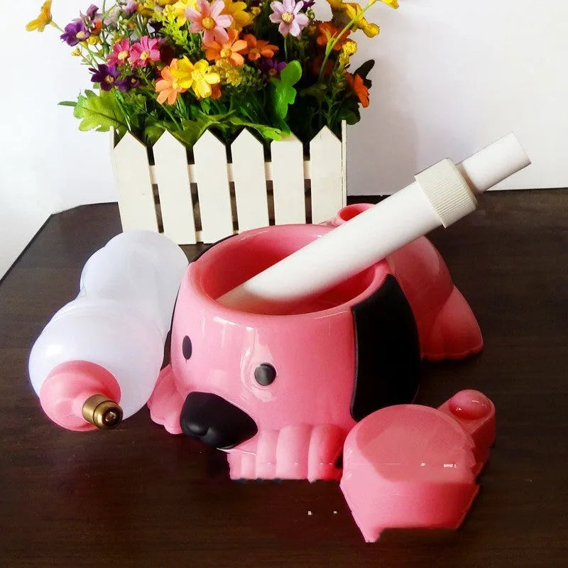 Adjustable plastic pet drinking bowl with rod lifting mechanism in pink, blue or yellow colours