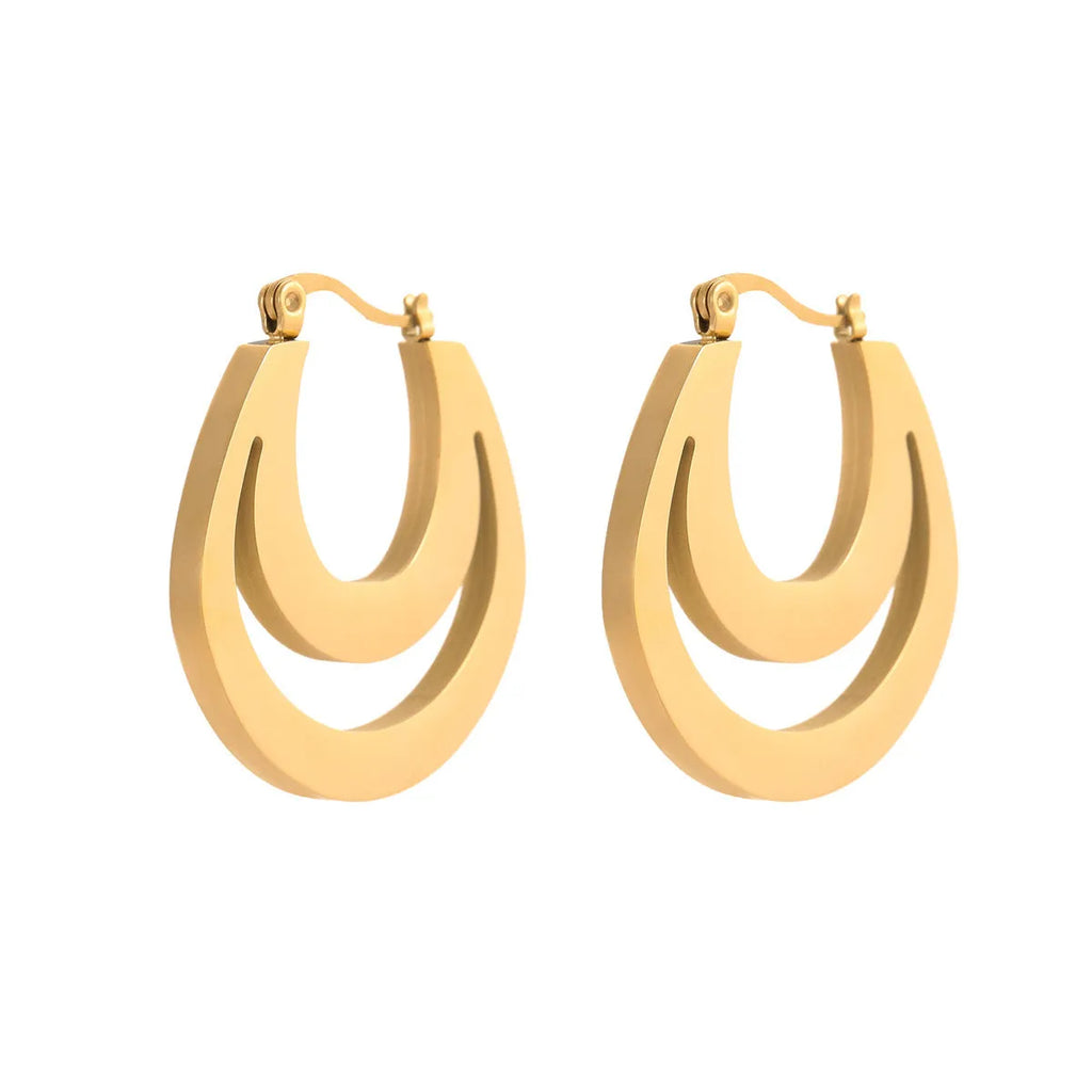 Geometric gold-plated French earrings with stainless steel construction and round ring design elements