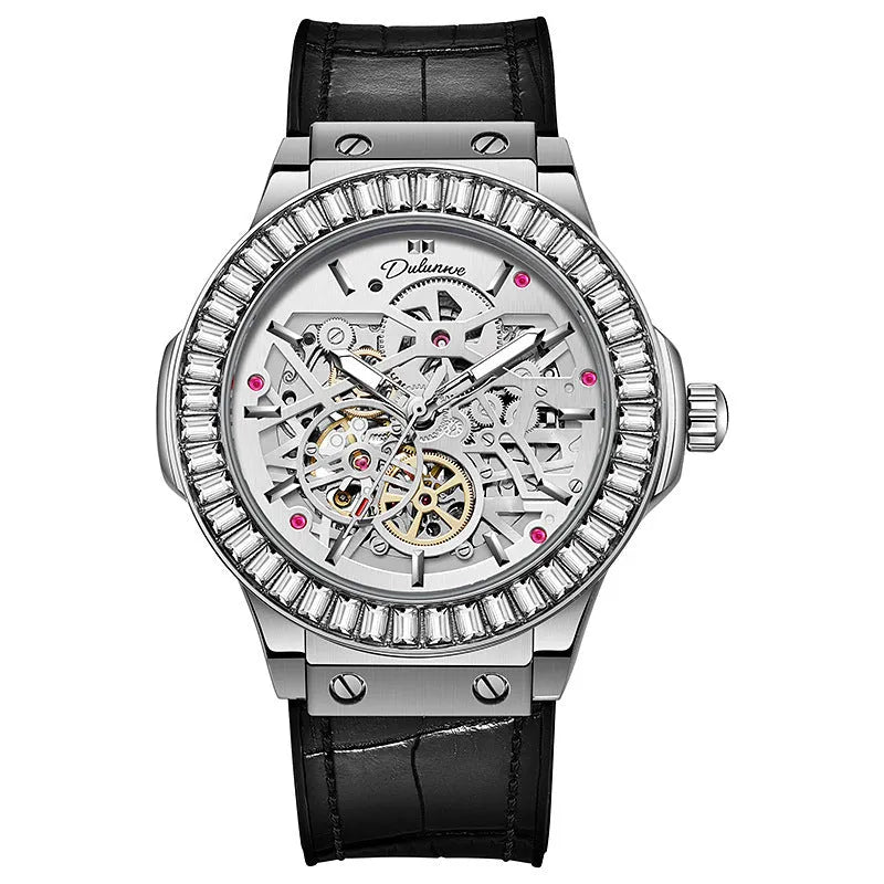 Automatic mechanical men's watch with diamond-studded bezel and visible hollow movement in white shell case