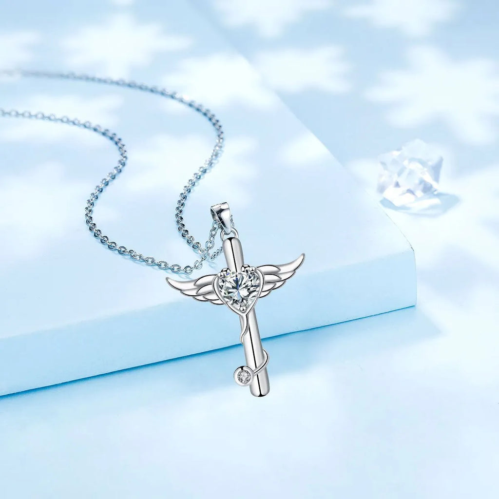 Copper cross stethoscope necklace with wings pendant in white or red diamond electroplated finish