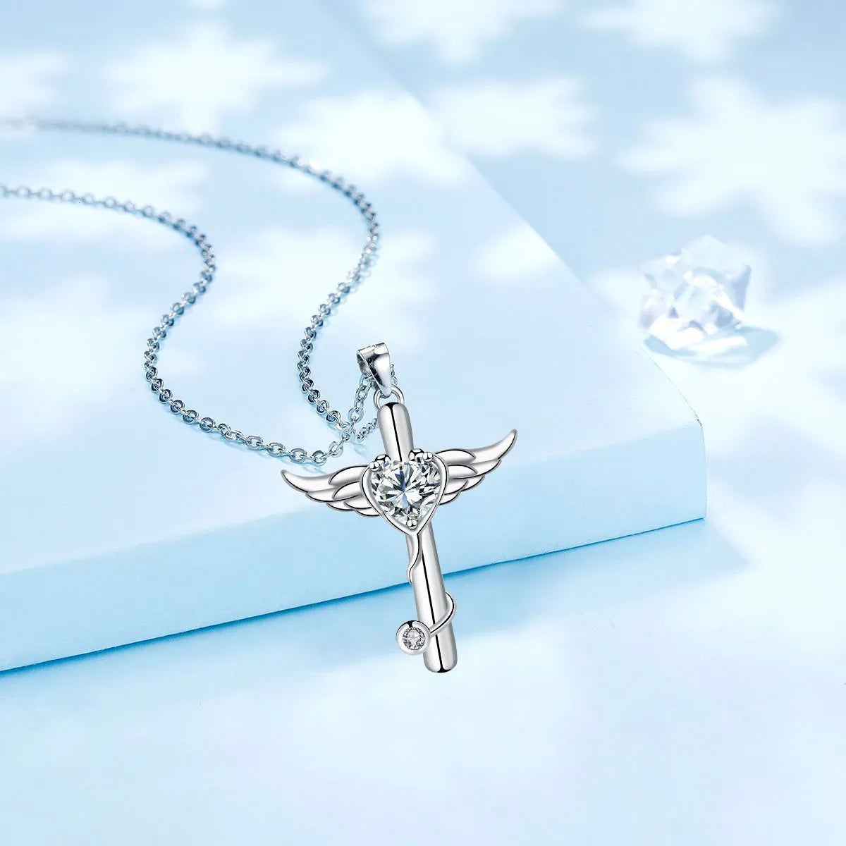 Copper cross stethoscope necklace with wings pendant in white or red diamond electroplated finish