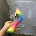 Rainbow colour gradient patent leather women's ultra-high heel shoes with pointed toe and thin heel
