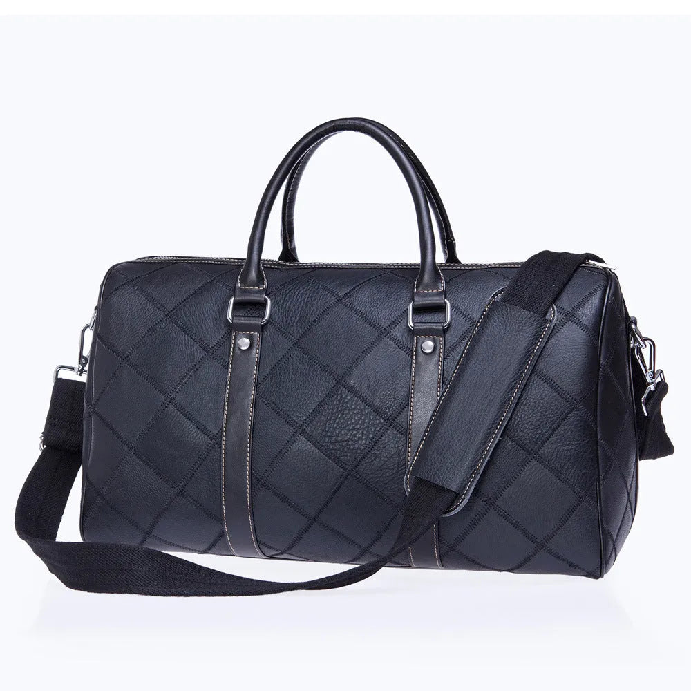 Men's vintage duffel bag in top layer cowhide leather with single strap and internal compartments